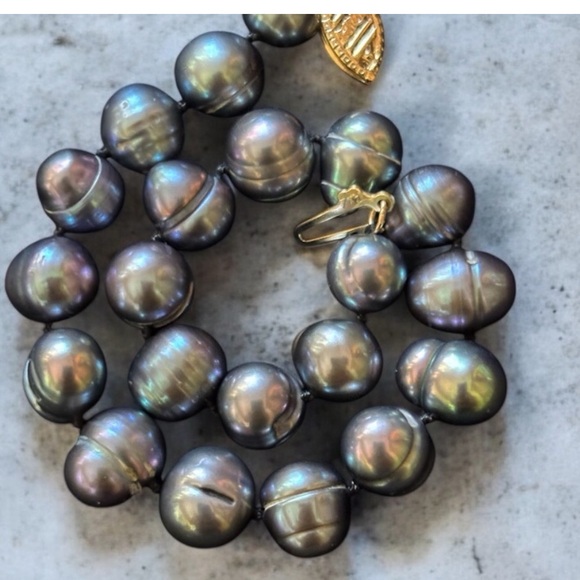 14k Gold Vintage Baroque Peacock Black Tahitian Pearl Bracelet Estate Jewelry - Picture 9 of 9